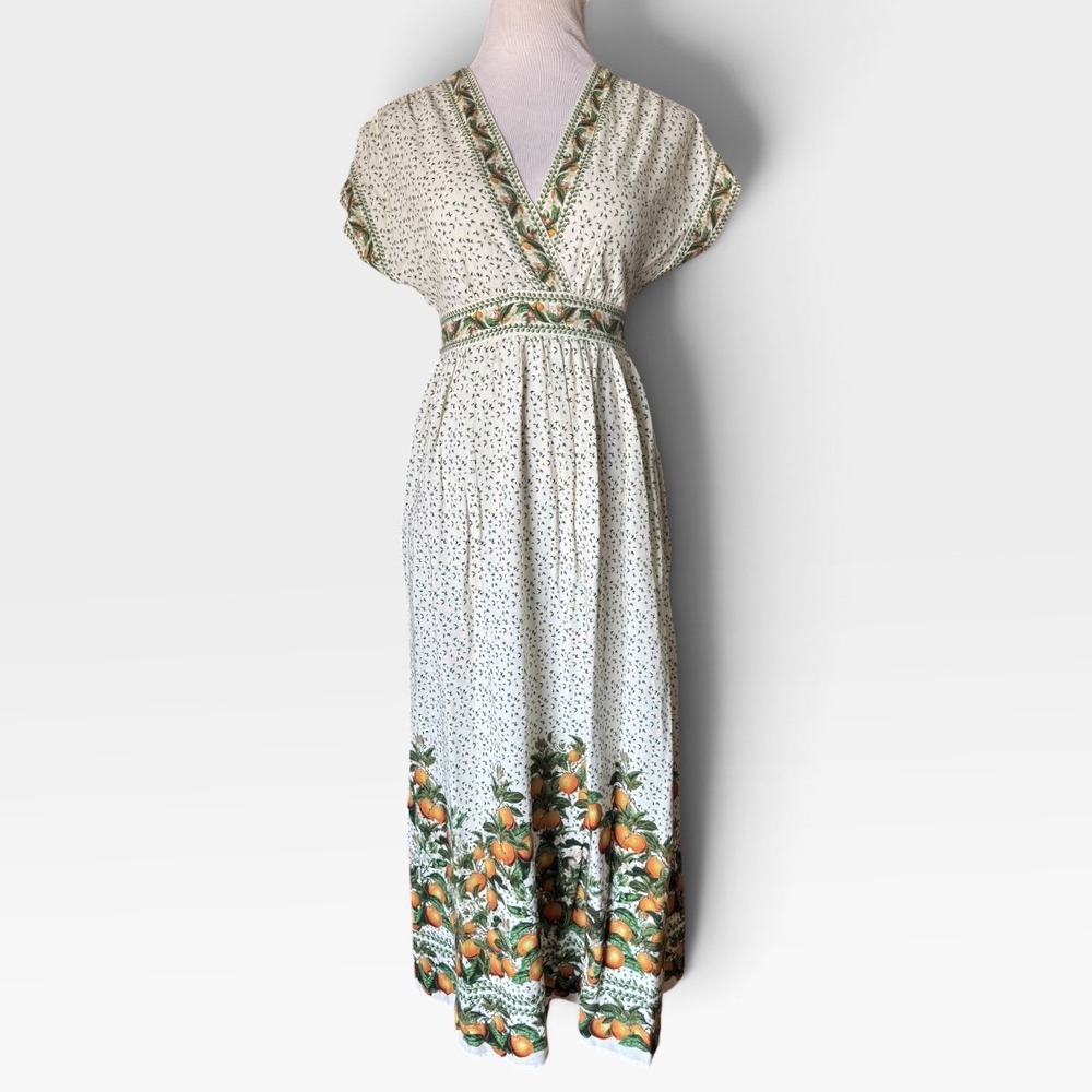 Max Studio Maxi Dress Womens XS Orange Fruit Print White Rayon Linen Boho V-Neck